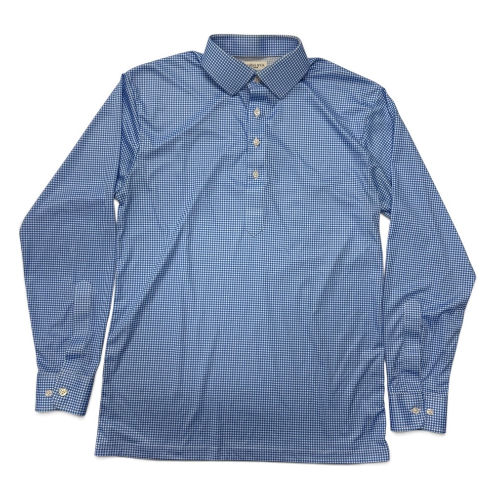 Collars & Co Polo Shirt Mens Medium Blue Gingham Long Sleeve Performance